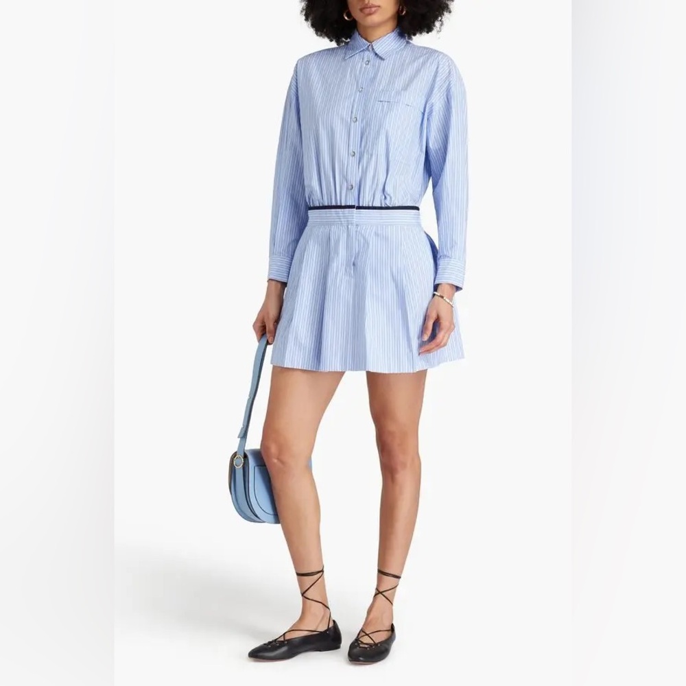Maje Striped Cotton Shirt Dress Pleated Light Blue Size 8 EU 40